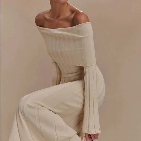Meshki Cream Off-Shoulder Ribbed Maxi Dress - Picture 2 of 3